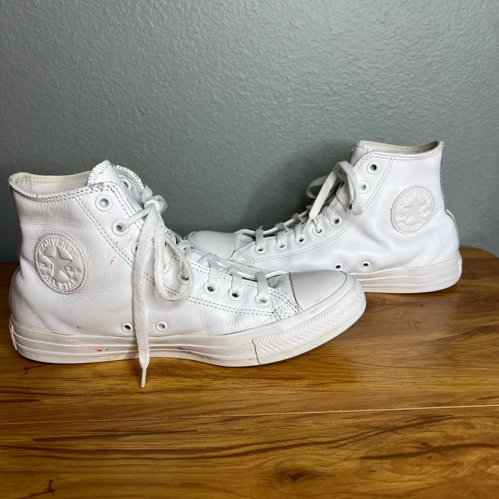 Converse All‎ Star White Leather High Top Sneakers Mens 7.5 Womens 9.5